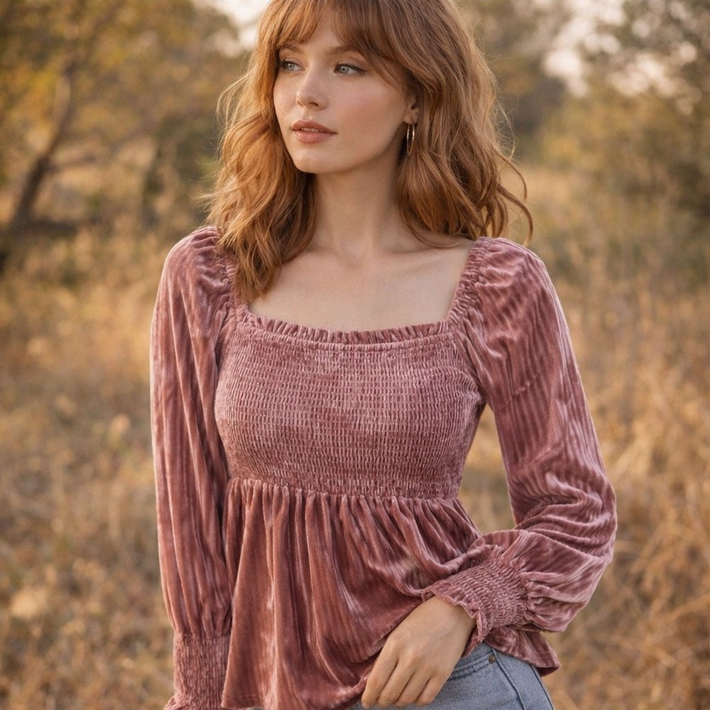 Velvet Babydoll Top Womens XL Pink Smocked Y2K Boho Cottagecore
